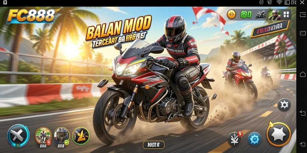 Screenshot utama FC888 menampilkan aksi balapan motor yang mendebarkan.