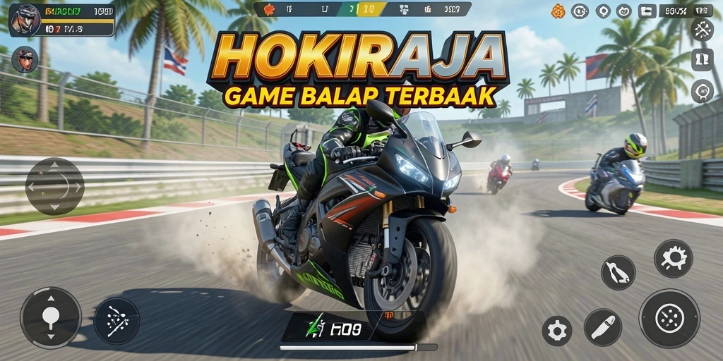 Tampilan gameplay HOKIRAJA dengan balapan motor yang mendebarkan.