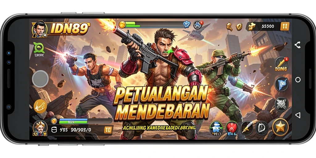 Screenshot utama IDN89 menampilkan aksi seru di tengah pertempuran.