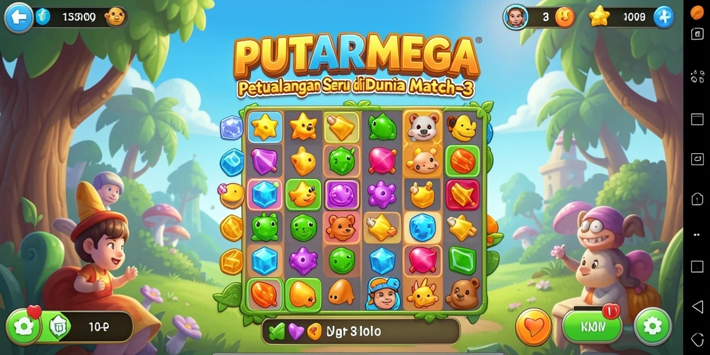 Gameplay seru PUTARMEGA dengan permata berwarna-warni.